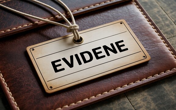 A detailed, top-down perspective of a light-colored rectangular tag bearing the word EVIDENCE in prominent black capital letters, secured by a natural fiber string to a dark, richly textured