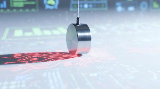 Cybersecurity risk management concept featuring digital lock and circuit board pattern with metal pendulum symbolizing control and protection