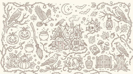 Obraz premium Whimsical Halloween illustration featuring a charming cottage, pumpkins, crows, and mystical elements in a vintage, hand-drawn style.