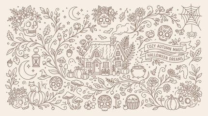 Whimsical Autumn Halloween Cottage Illustration with Skulls, Pumpkins, and Floral Elements. © Bara