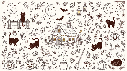 Whimsical Halloween illustration with cute cats, pumpkins, ghosts, and a cozy cottage. © Bara