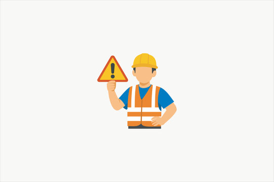 Construction worker avatar wearing hard hat and safety vest, holding a triangle danger warning sign. Industrial caution and safety concept vector isolated on white background. Vector illustration.