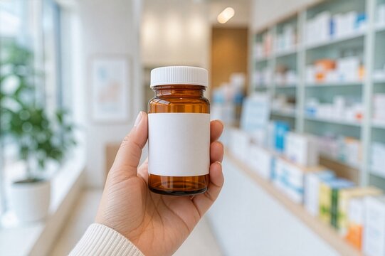 Hand Holding Medicine Bottle With Blank Label in Modern Pharmacy Store, Product Mockup for Supplement, Vitamin or Prescription Drug Branding