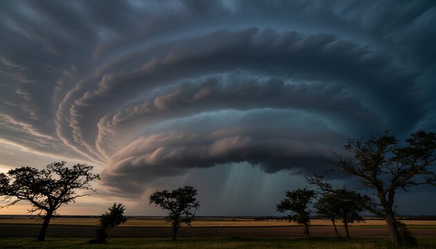 Dramatic stormy landscape, rolling thunderhead clouds, serene rural scenery, symbolizing power of nature, for weather, climate, or environmental concepts.