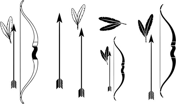 Bow arrow set with feathers isolated on white background. Vector icon illustration