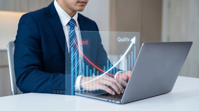 analysis of cost vs quality trends concept. A businessman working on a laptop with a digital graph displaying cost reduction and quality improvement, symbolizing strategic planning.
