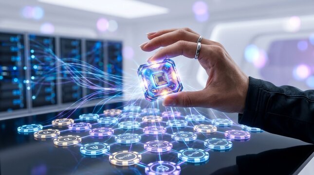 A hand holding a glowing microchip with connections to various cryptocurrency tokens on a futuristic table