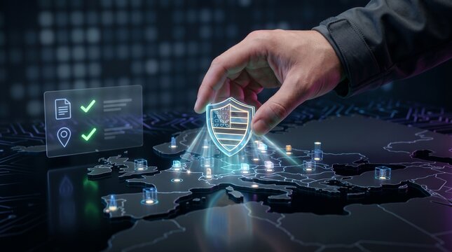 A hand interacting with a glowing shield icon on a futuristic map interface with various digital elements and a checklist in the background for cybersecurity
