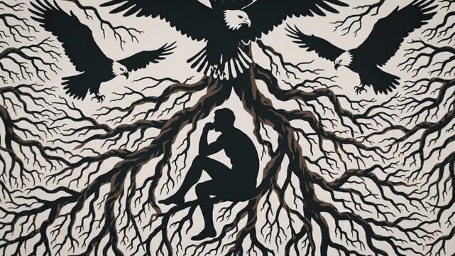 Pensive man silhouette under dark tree roots illustration