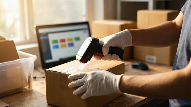 Warehouse Worker Wearing Gloves Scanning Shipping Box at Packing Station