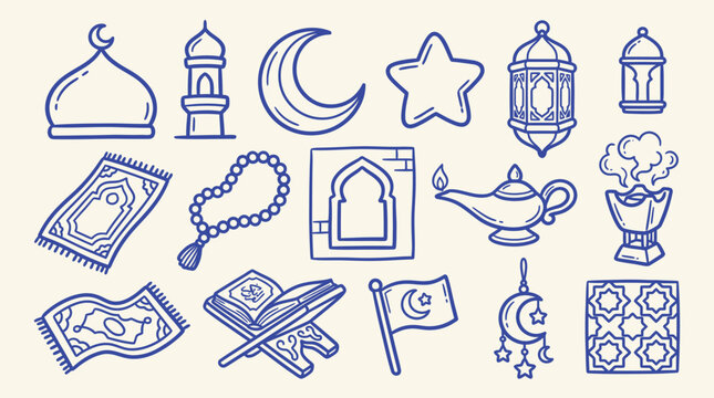 Collection of Islamic cultural icons and symbols, including mosque elements, crescent moon, star, prayer rug, rosary, Quran, and lanterns, in a doodle art style.