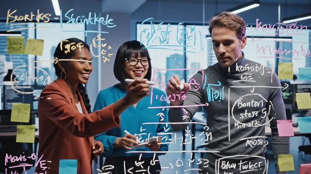 Business team discussing ideas on transparent board in modern office