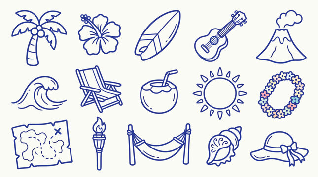 Collection of hand-drawn tropical vacation and beach icons, perfect for summer designs.