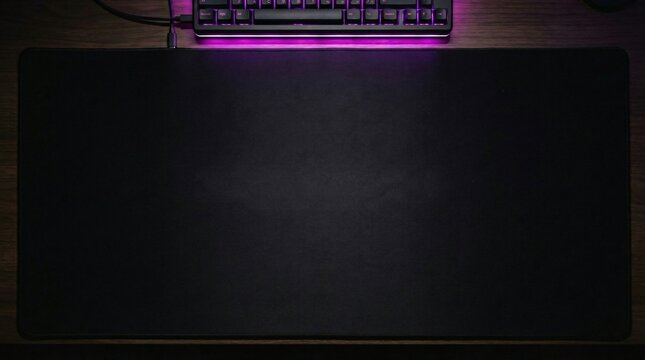 Black mousepad and backlit keyboard on wooden desk