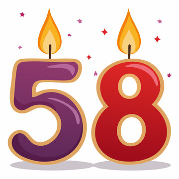 Number 58 Birthday Candles with Flames and Stars