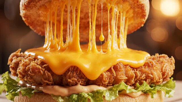 Closeup of a chicken burger with cheese representing the joy of cooking and shared meals