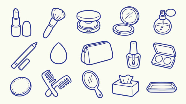 Collection of hand-drawn makeup and beauty products, perfect for cosmetic or fashion themes.