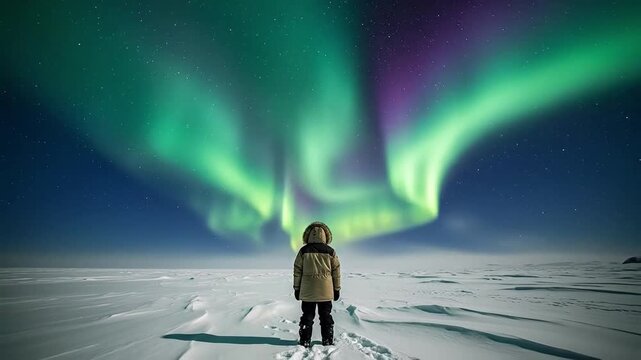Lone explorer standing in arctic tundra watching vibrant aurora borealis night sky, concept of solitude, wonder, adventure, travel, and climate change awareness