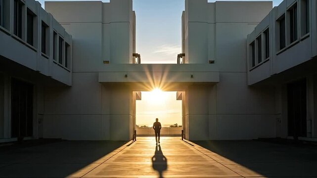 Silhouette of a man walking towards sunset between modern architectural buildings representing success, career growth, future opportunities, and personal development