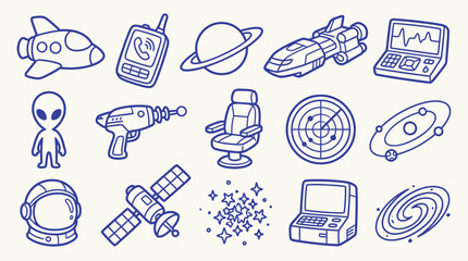 Collection of hand-drawn doodle icons representing space exploration and science fiction themes. © zainab