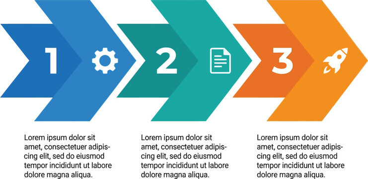 Modern business infographic with 3 steps, colorful chevron arrow timeline for project management, numbered process flow diagram with icons