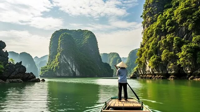 Asian woman rowing traditional wooden boat through limestone karst mountains in serene tropical bay, travel concept for exotic vacation and peaceful nature exploration