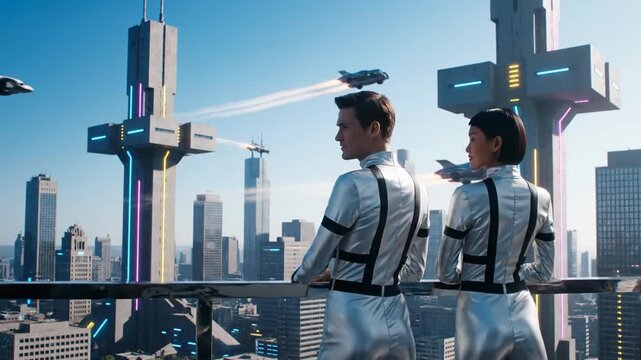 People observing futuristic city with flying cars