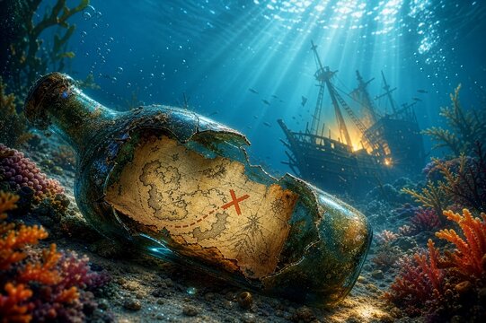 Mysterious Broken Bottle with Ancient Pirate Treasure Map Marking the Red X on the Ocean Floor, Sunken Ghost Ship in Background