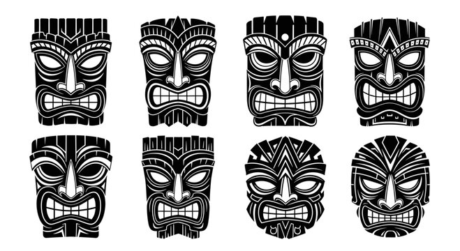 Collection of Eight Distinct Tiki Masks in Black and White.