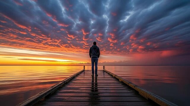 Solitary young man standing on wooden pier at sunset looking at dramatic colorful sky over calm water representing mindfulness reflection and mental health wellness