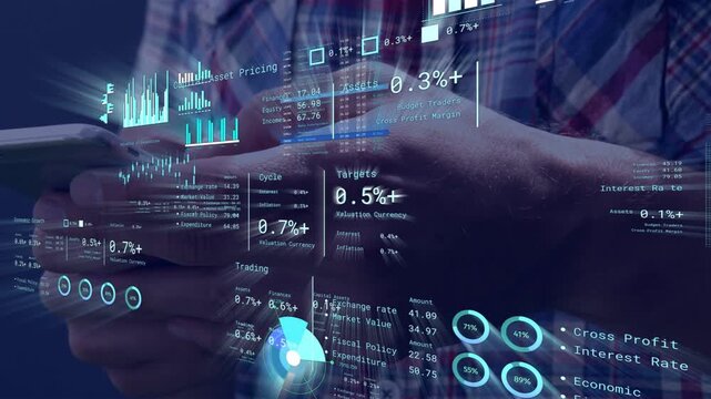 Male analyst's hands tapping and swiping phone, updating HUD finance charts and gauges for markets