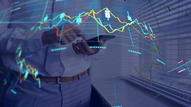 Analyst tapping phone swiping animating finance chart overlay showing 7k&ndash;9k values tracking market