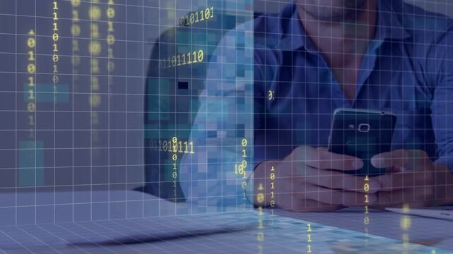 Man at desk holding phone tapping, starting left grid-binary overlay hiding torso, showing IT data