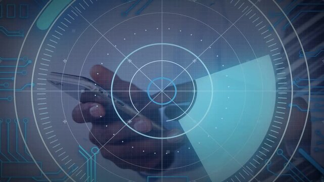 Man holding phone and tapping screen, activating radar HUD sweeping clockwise for business insights