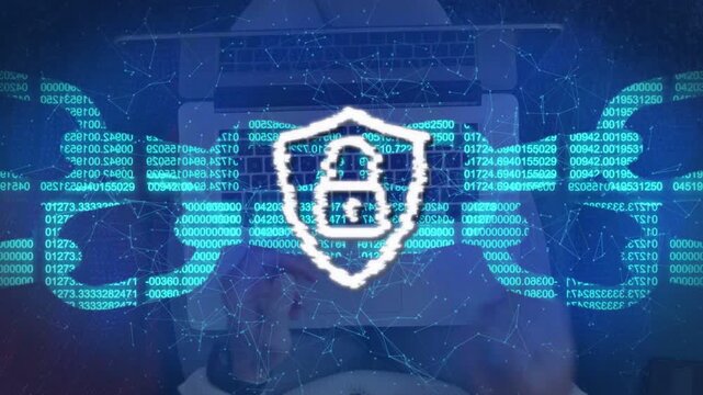 Hands typing on laptop initiating code streams merging into shield padlock, protecting tech network