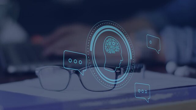 Blurred hands typing on laptop starting blue holo UI over glasses pulsing bubbles helping tech work