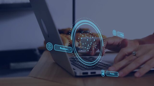 Hands typing starting blue holo ring over keys, prompt and reply bubbles orbiting, fueling exchange
