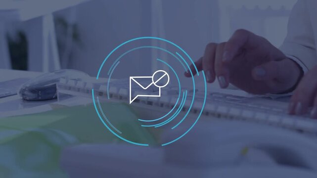 Office worker placing fingers, typing on keyboard while envelope HUD fading, pulsing, causing reply
