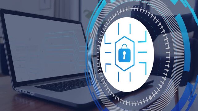 Circular security HUD activating on laptop wake, pulsing, scanning code window, protecting data