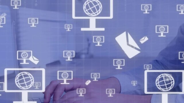 Man typing laptop at desk, monitor icon appearing sending mail over keys, binary showing tech flow