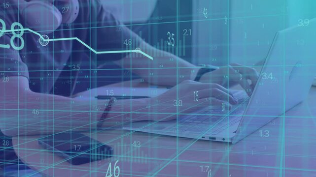 Seated man typing laptop keyboard, producing animated finance data line and 3D grid for monitoring