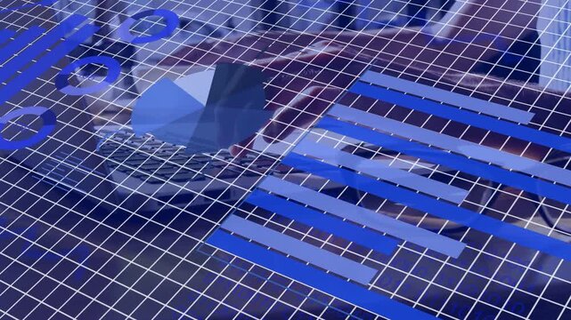 Data refresh, 3D biz chart rotating left, bars extending, revealing woman behind grid for context
