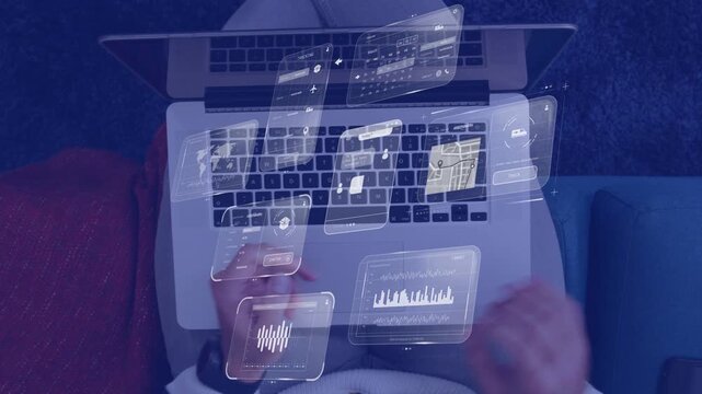 Tech dev holding phone above keyboard causing AR widgets shifting while typing and analyzing data