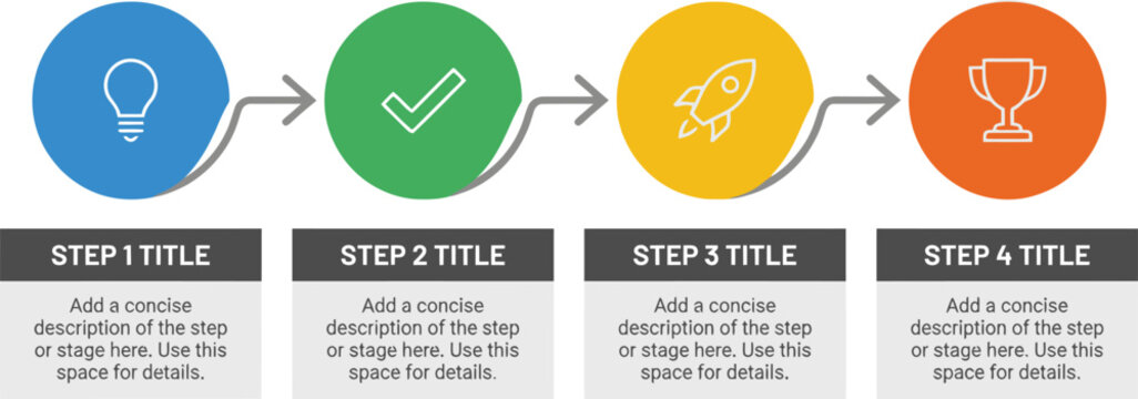 Business infographic with 4 steps, colorful process diagram with icons, professional timeline vector template for corporate presentations and workflows