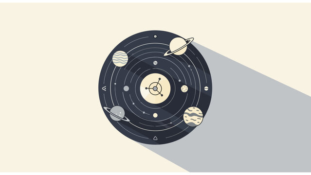 Minimalist flat design vector illustration of a solar system orrery featuring planets and orbital paths on a circular dark disc casting a long diagonal shadow on cream background.