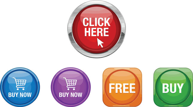 Glossy Web Button Collection with Buy Now Free and Click Here Ecommerce Vector Icons