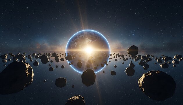 Vibrant planet, glowing brightly with radiant light, surrounded by asteroids and meteorites in space, symbolizing exploration, discovery, and the vastness of the universe