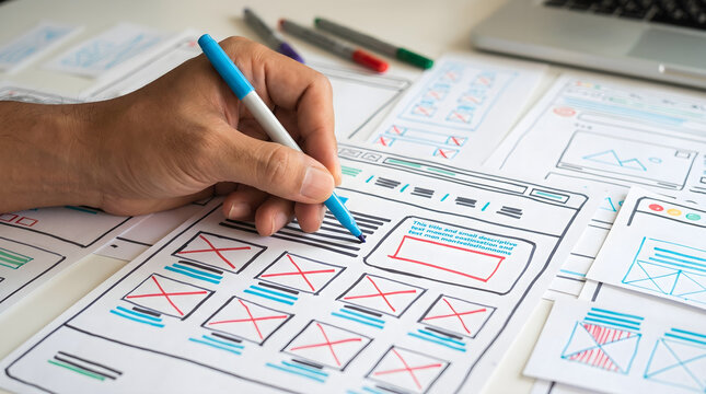 UX interface UI graphic designer prototyping wireframe layout website screen application sketch. User experience development concept.