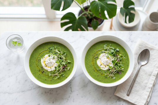 Two bowls of green vegetable soup with cream and microgreens