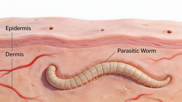 Parasitic worm in skin layers